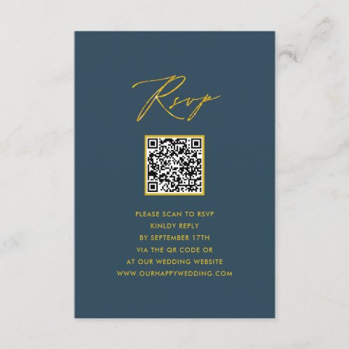 Elegant Script Blue Minimalist QR Wedding RSVP Enclosure Card