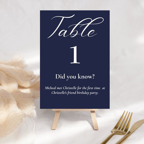 Elegant  script blue navy   Fun facts wedding Table Number