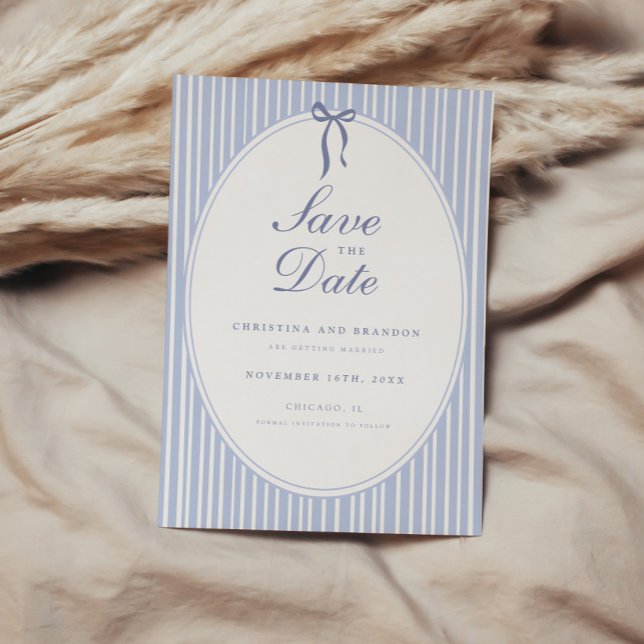 Elegant Script Blue Oval Frame Striped Wedding Save The Date (Creator Uploaded)