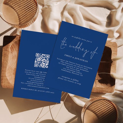 Elegant Script Blue QR Code Wedding Invitation