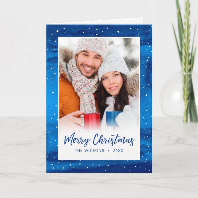 Elegant Script Blue Snow Merry Christmas Photo Holiday Card (Front)