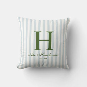 Elegant Script Blue Stripe Monogram Throw Pillow