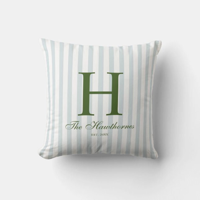 Elegant Script Blue Stripe Monogram Throw Pillow (Front)