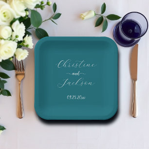 Elegant Script Blue Teal Wedding Paper Plates