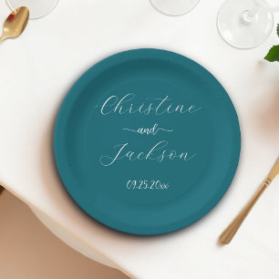 Elegant Script Blue Teal Wedding Paper Plates