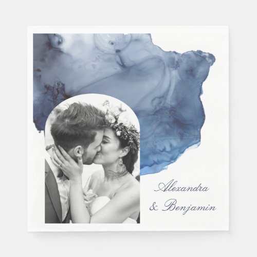 Elegant Script Blue Watercolor Wedding Photo Napkins