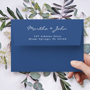 Elegant Script Blue Wedding Names Return Address  Envelope