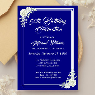 Elegant Script Blue White Rose 50th Birthday Invitation