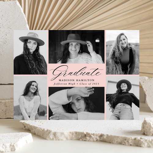 Elegant Script Blush 6 Photo Collage Graduation Announcement