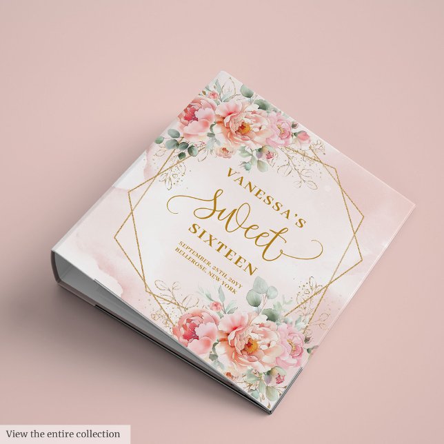 Elegant Script Blush Gold Flowers Sweet 16 Album 3 Ring Binder (Elegant Script Blush Gold Flowers Sweet 16 Album 3 ring binder )