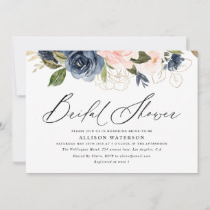 Elegant script blush & navy bridal shower invitation