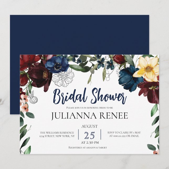 Elegant Script Blush Navy Floral Bridal shower Invitation (Front/Back)