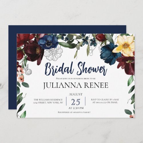 Elegant Script Blush Navy Floral Bridal shower Invitation
