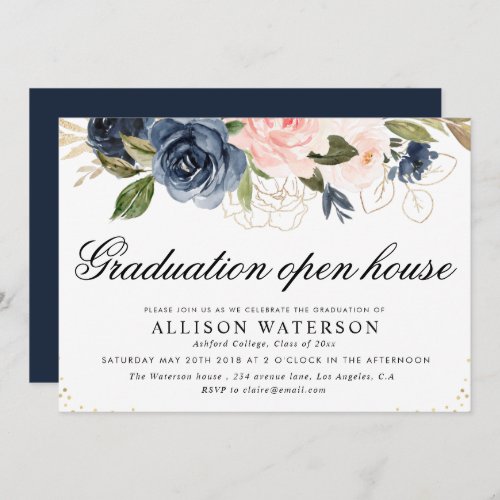Elegant script blush  navy graduation open house invitation
