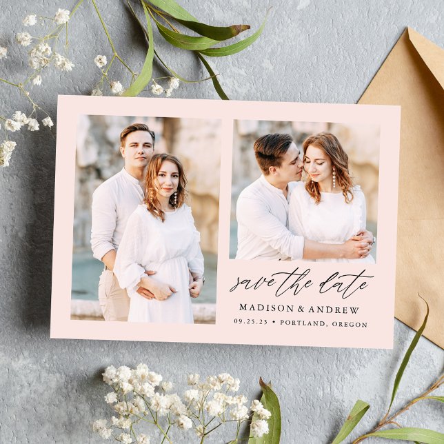 Elegant Script Blush Pink 2 Photo Save The Date (Creator Uploaded)