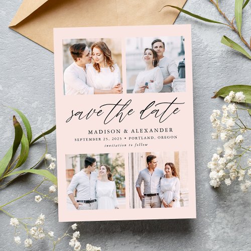 Elegant Script Blush Pink 4 Photo Collage Save The Date