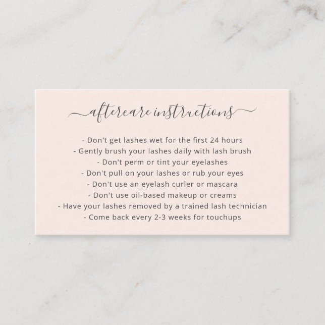 Elegant Script Blush Pink Lash Aftercare Lashes Business Card (Front)