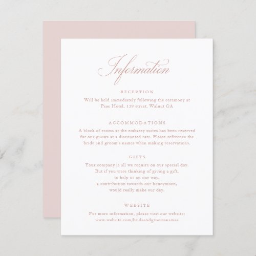 Elegant Script Blush Pink Wedding Info Card