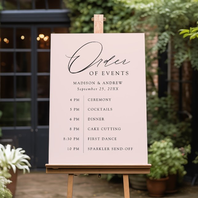 Elegant Script Blush Pink Wedding Order of Events Foam Board (Creator Uploaded)