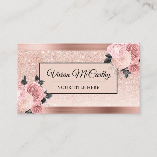 Elegant Script Blush Rose Floral  Foil Glitter Business Card