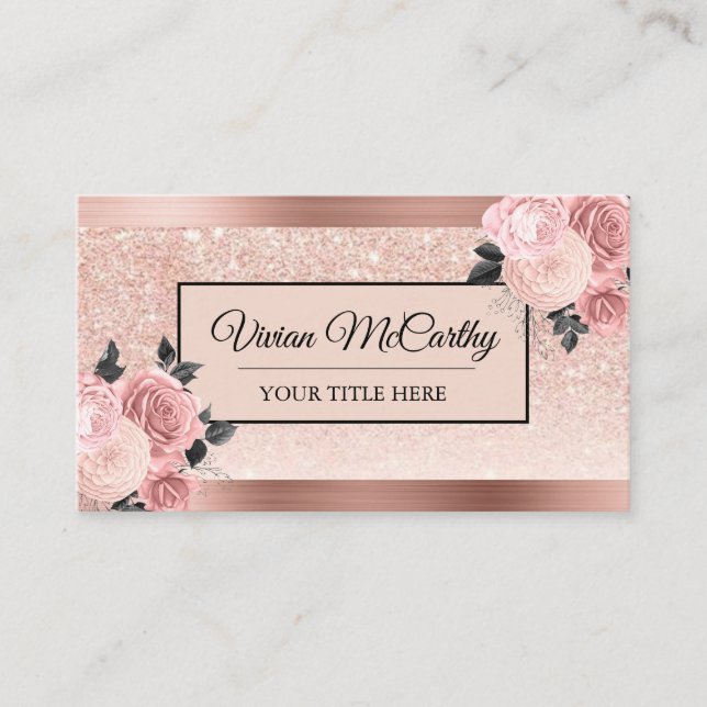 Elegant Script Blush Rose Floral & Foil Glitter Business Card (Front)
