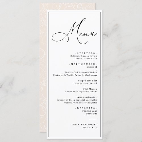 Elegant Script Blush Simple Wedding Dinner Menu - Designed to coordinate with our Romantic Script wedding collection, this customizable Menu card, features a sweeping script calligraphy text paired with a classy serif font in black with a dewy blush back with a customizable monogram. Matching items available.