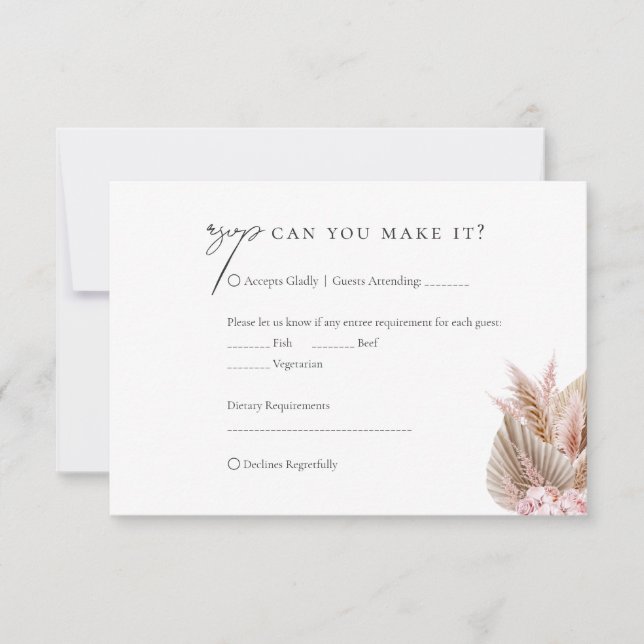 Elegant Script  Bohemian Pampas Grass Wedding RSVP Card (Front)