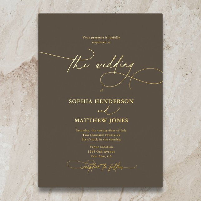 Elegant Script Boho Brown Wedding Foil Invitation (Creator Uploaded)