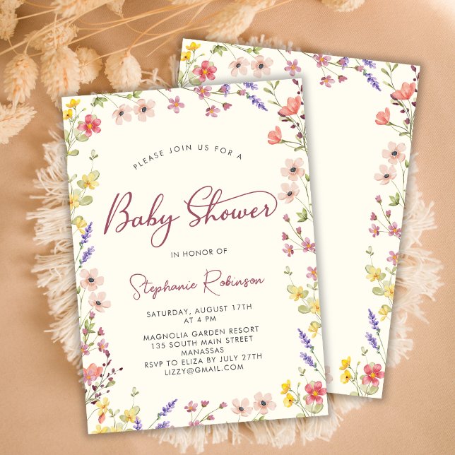 Elegant Script Boho Wildflower Girl Baby Shower Invitation (Creator Uploaded)