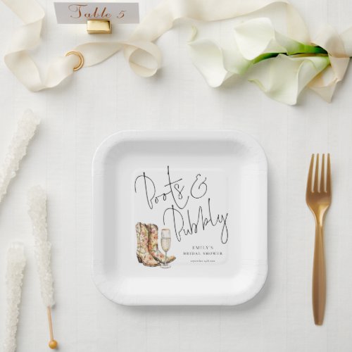 Elegant Script Boots and Bubbly Bridal Shower Paper Plates