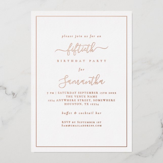Elegant Script Border 50th Birthday Party Luxury Foil Invitation (Front)