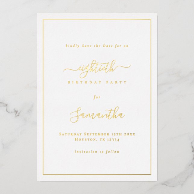 Elegant Script Border 80th Birthday Save the Date Foil Invitation (Front)