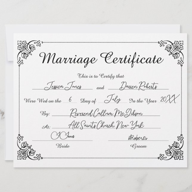 Elegant Script Border Filled Marriage Certificate (Front)