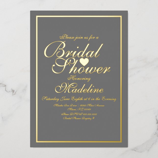 Elegant Script Border Heart Bridal Shower  Foil Invitation (Front)