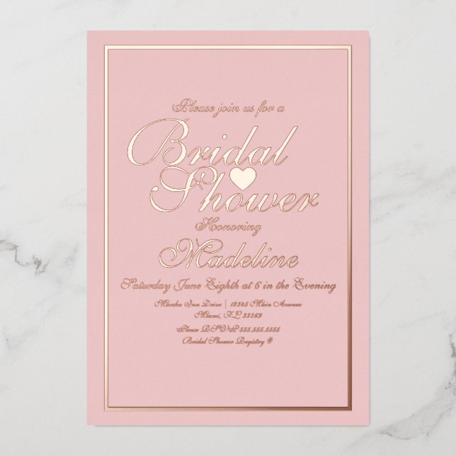 Elegant Script Border Heart Bridal Shower   Foil Invitation (Front)
