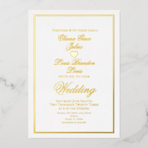 Elegant Script Border Heart Wedding Pressed Foil Invitation