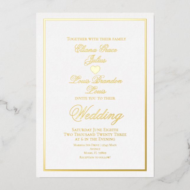 Elegant Script Border Heart Wedding Pressed   Foil Invitation (Front)