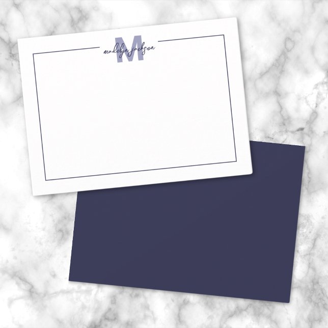 Elegant Script Border Navy Blue Monogram Note Card (Minimalist Navy Blue Border Monogram Note Card)