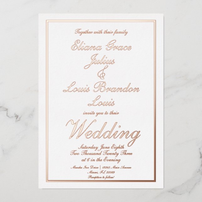 Elegant Script Border Wedding Pressed  Foil Invitation (Front)