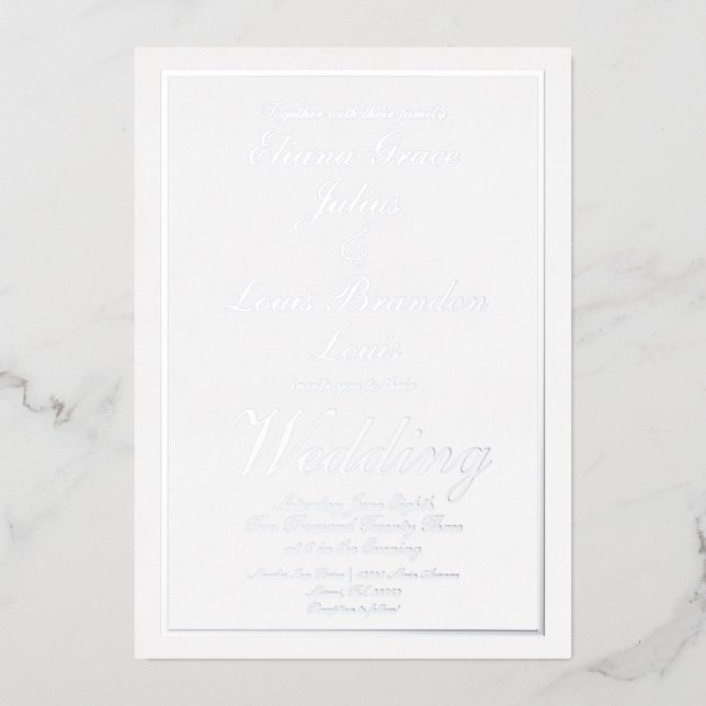 Elegant Script Border Wedding Pressed  Silver Foil Invitation (Front)