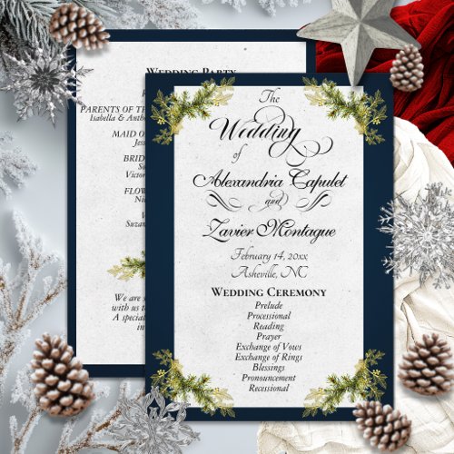 Elegant Script & Botanical - Blue Wedding Program
