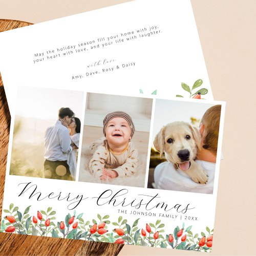 Elegant Script Botanical Christmas Photo Collage Holiday Card