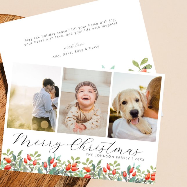 Elegant Script Botanical Christmas Photo Collage Holiday Card (elegant script botanical winter greenery red berries three photo collage custom greetings Christmas )