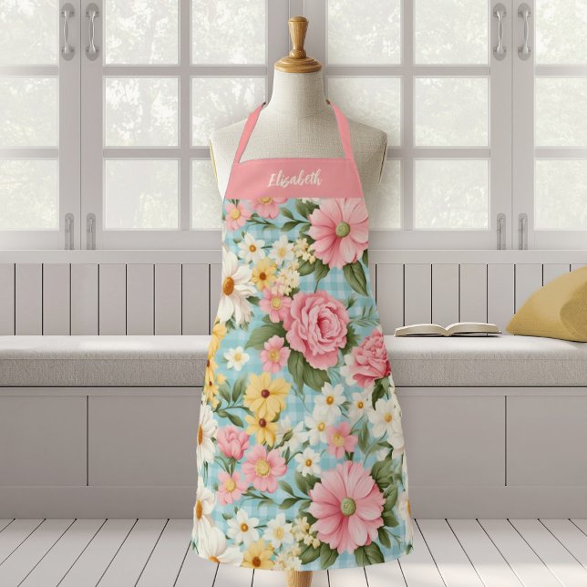 Elegant Script Botanical Floral Apron (A pretty shabby chic floral apron. Personalize it with yoiur name. Makes a fun gift for a friend.)