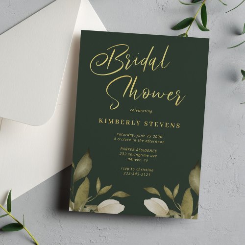 Elegant script botanical gold green bridal shower invitation