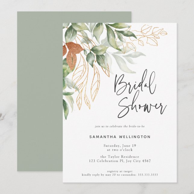 Elegant Script Botanical Watercolor Bridal Shower Invitation (Front/Back)