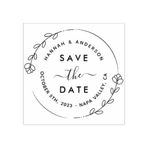 Elegant Script & Botanical Wreath Save The Date  R Rubber Stamp