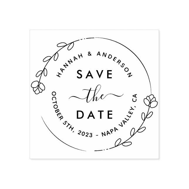 Elegant Script & Botanical Wreath Save The Date  R Rubber Stamp (Imprint)