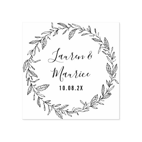 elegant script botanical wreath wedding rubber stamp