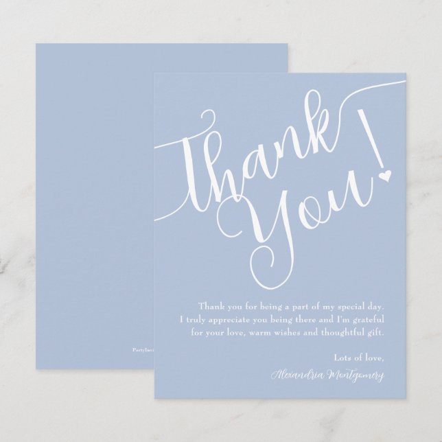 Elegant Script Boy Baby Shower Blue Thank You Card (Front/Back)